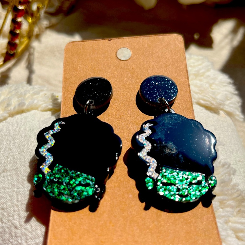 Bride of Frankenstein Halloween green glitter earrings